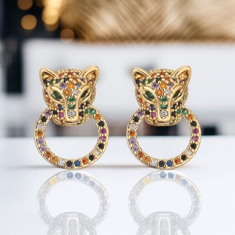 New Gold Plated Panther Leopard Zircon Crystal Doorknocker Earrings